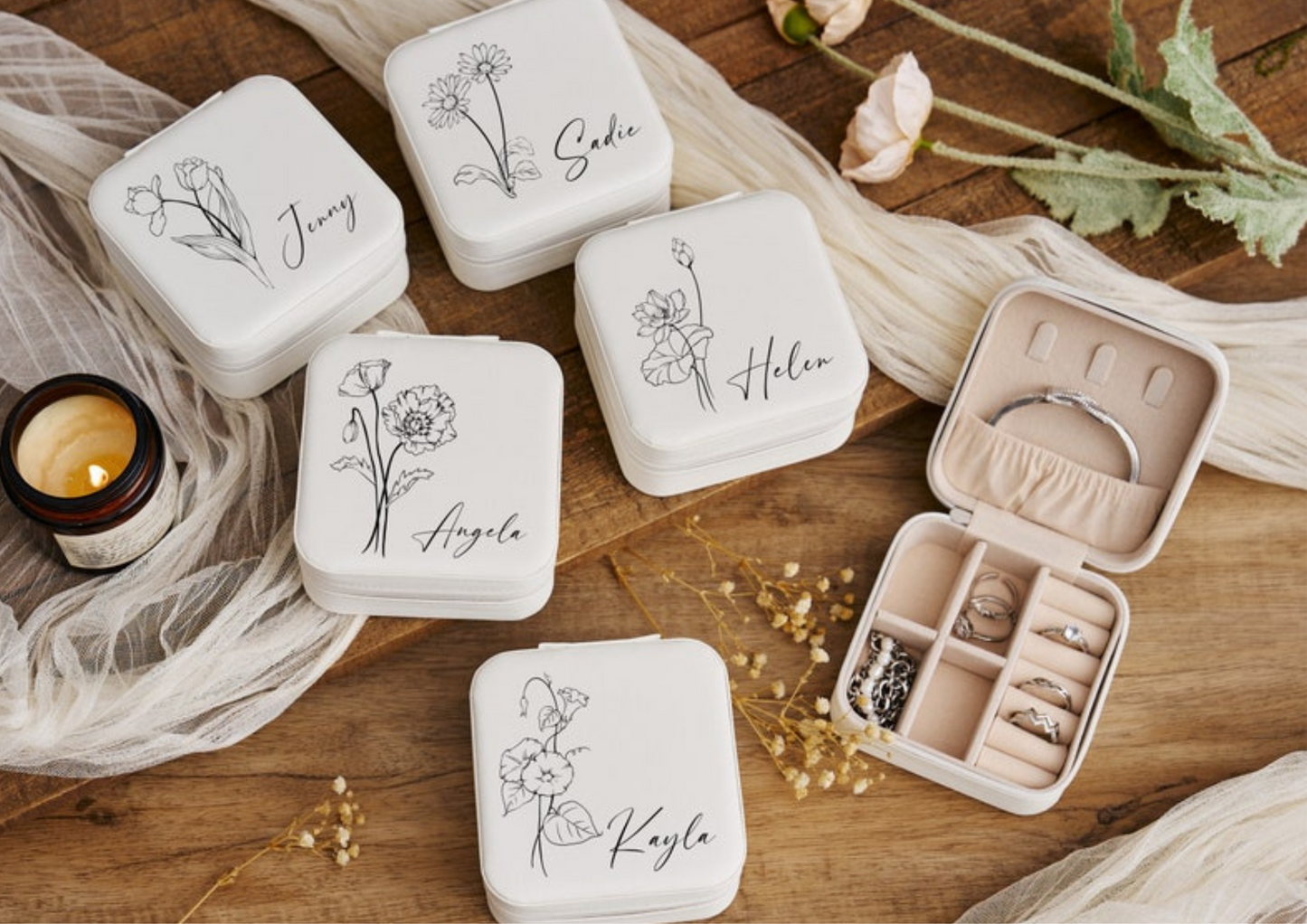 Personalized Travel Jewelry Box With Her Birth Flower