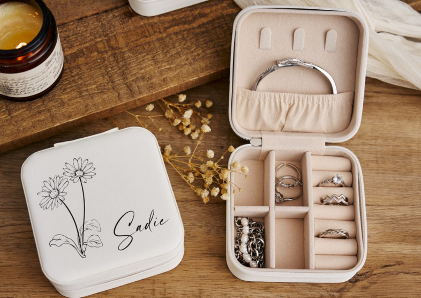 Personalized Travel Jewelry Box With Her Birth Flower
