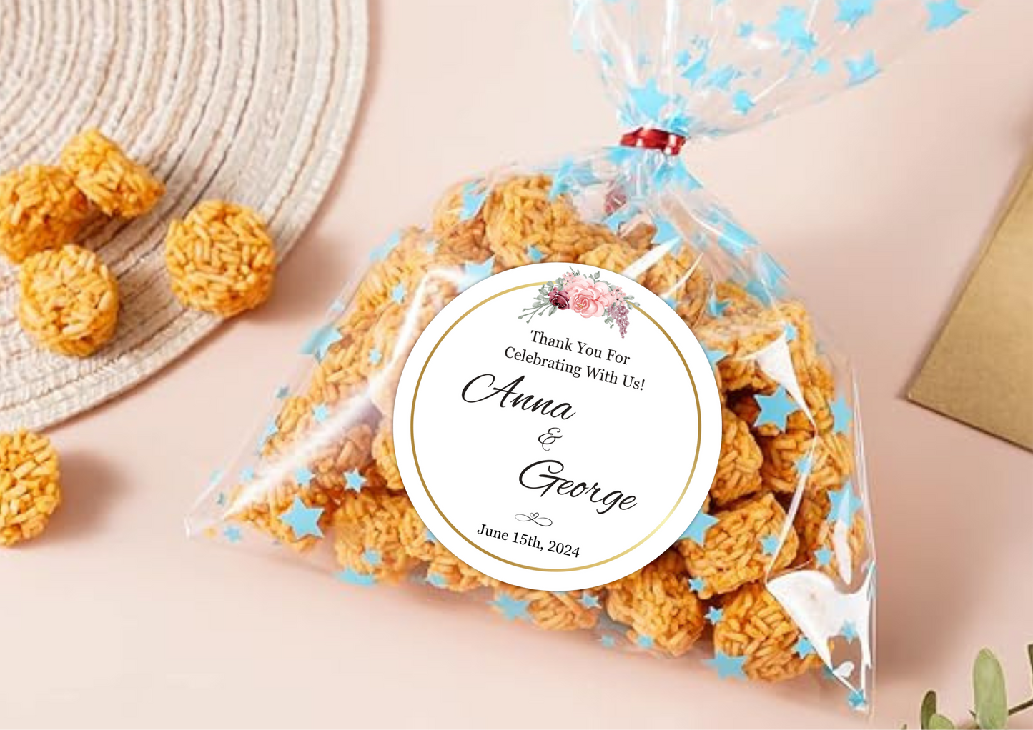 Wedding Stickers Custom | Cake Topper | Thank You For Celebrating With Us Personalized Favor Bags | Party Favor Labels | Personalized Round Sticker