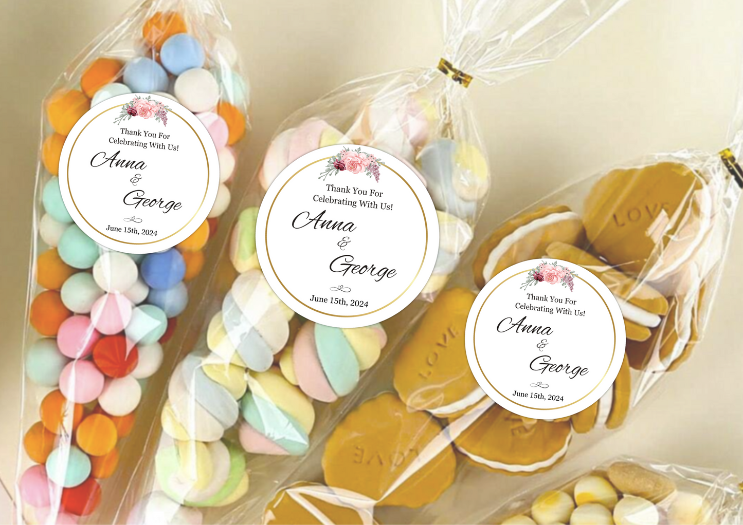Wedding Stickers Custom | Cake Topper | Thank You For Celebrating With Us Personalized Favor Bags | Party Favor Labels | Personalized Round Sticker
