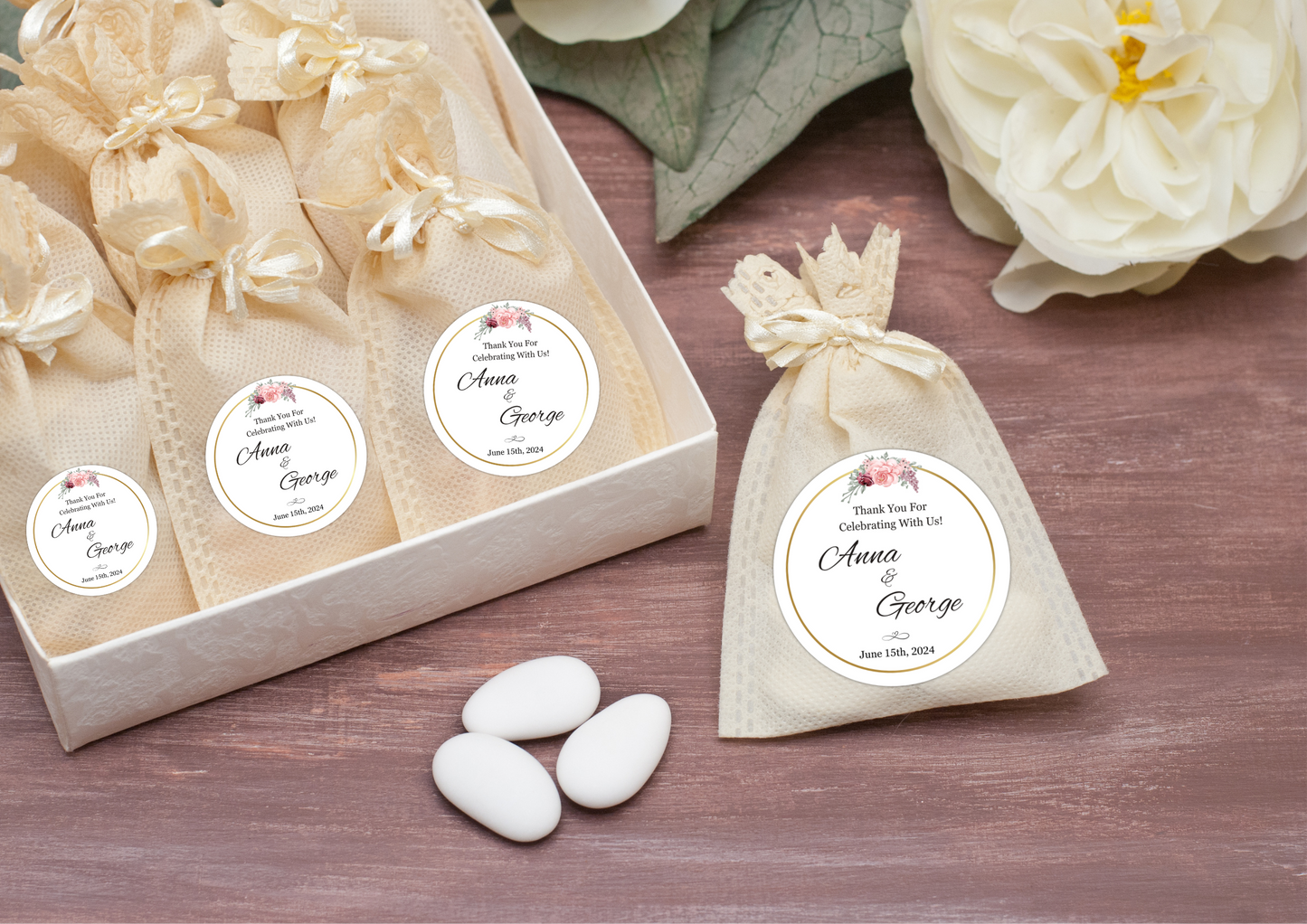 Wedding Stickers Custom | Cake Topper | Thank You For Celebrating With Us Personalized Favor Bags | Party Favor Labels | Personalized Round Sticker